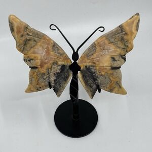 Natural Ocean Jasper  Butterfly Wings Carved Statue Decor Stand Healing